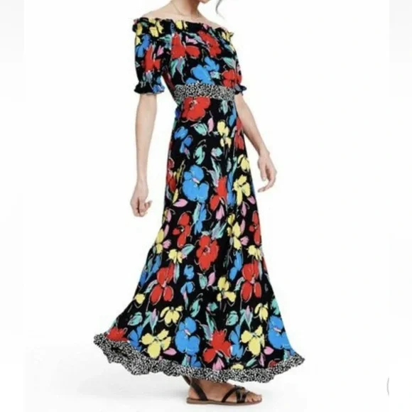 NWT RIXO  Floral Off the Shoulder Puff Maxi Dress Black 14 - Picture 8 of 16